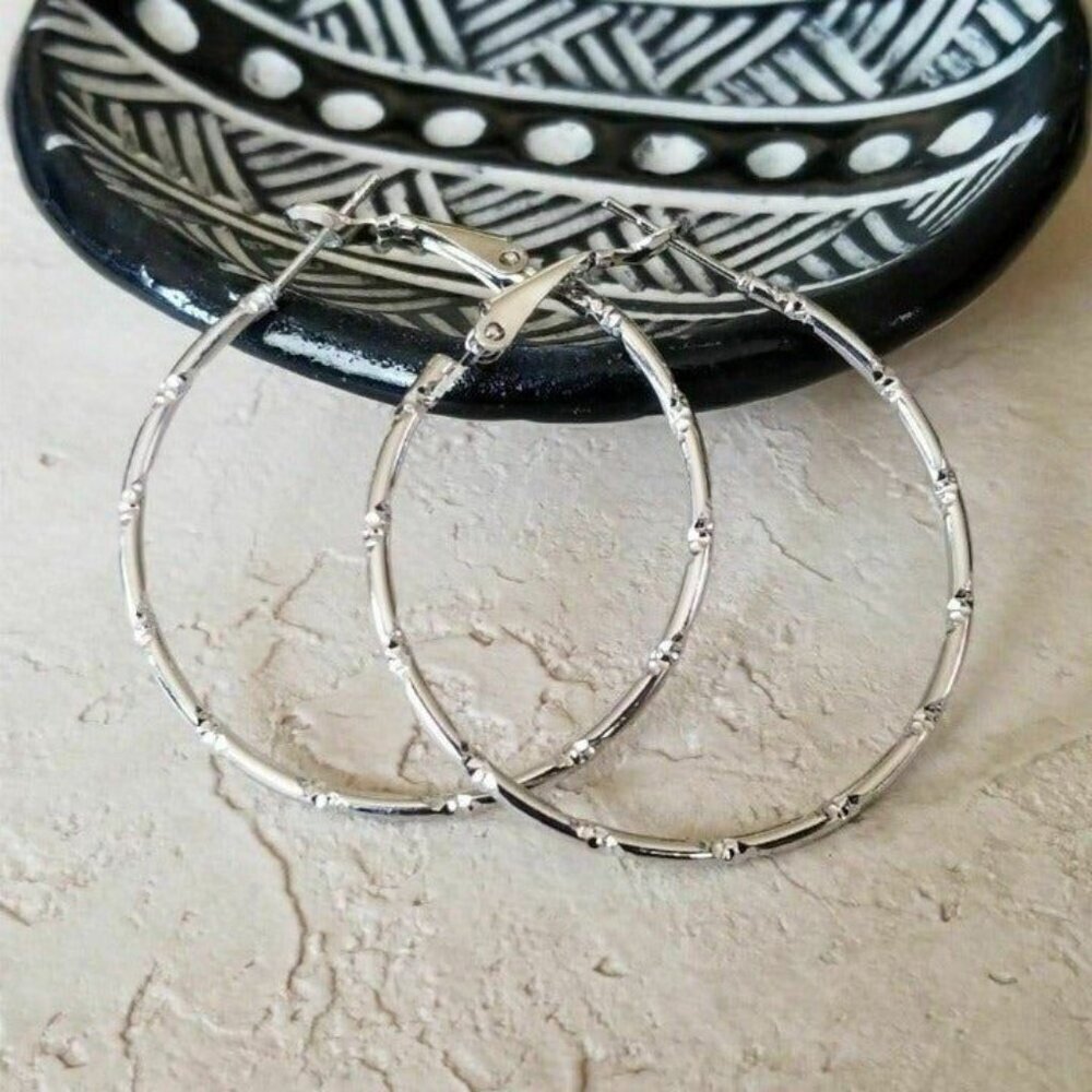 Bamboo Pattern Silver Classic Hoop Earrings 40mm 1.6" Size